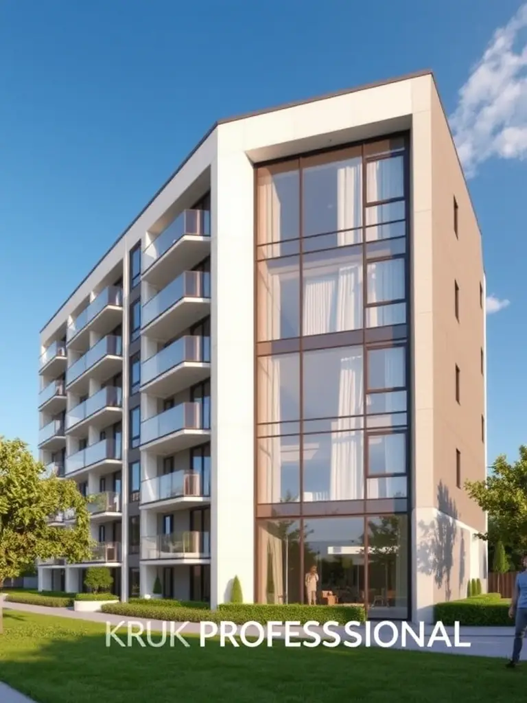 A modern apartment building exterior, symbolizing KRUK PROFESSIONAL's real estate services.