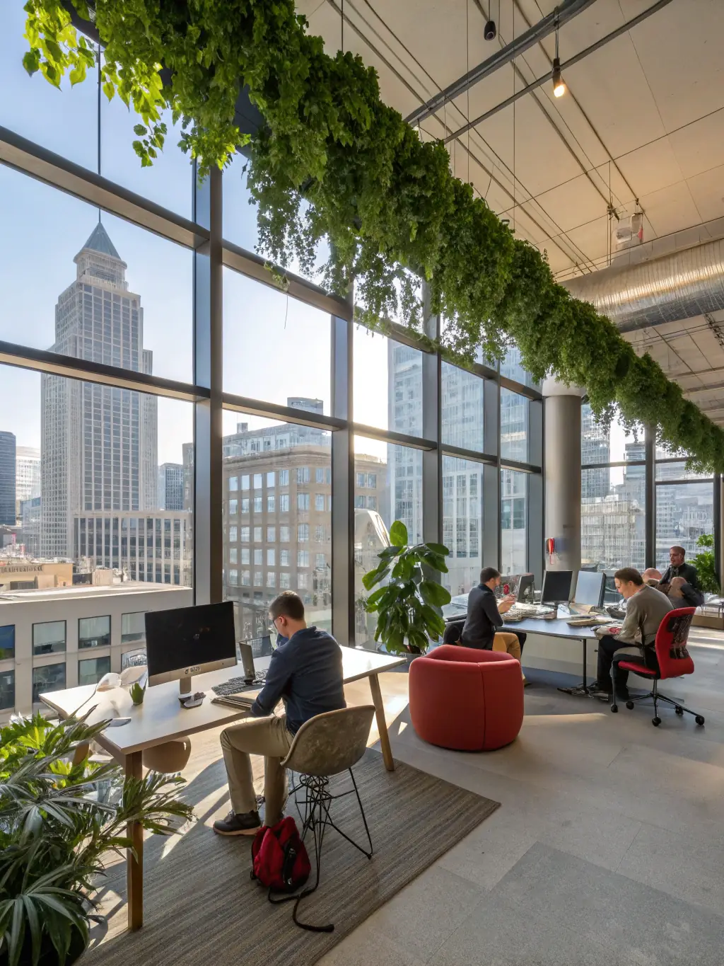A modern office space with glass walls and open layout, highlighting the property's suitability for businesses and collaborative work environments.