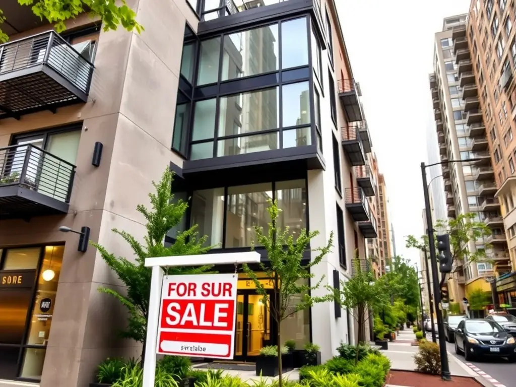 A modern apartment building with a 'For Sale' sign in front, showcasing KRUK PROFESSIONAL's real estate sales services.