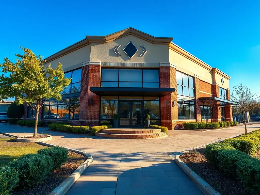 A well-maintained commercial property with tenants entering, representing KRUK PROFESSIONAL's leasing services.