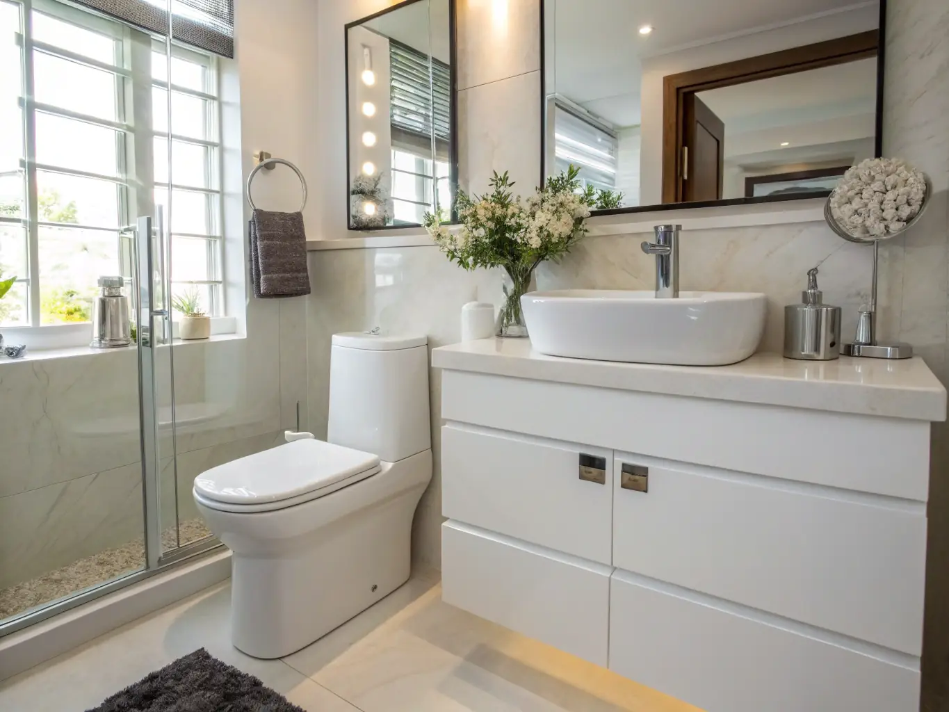 A modern bathroom setup featuring various sanitary equipment, such as a toilet, sink, and showerhead, all showcasing sleek designs and high-quality finishes.