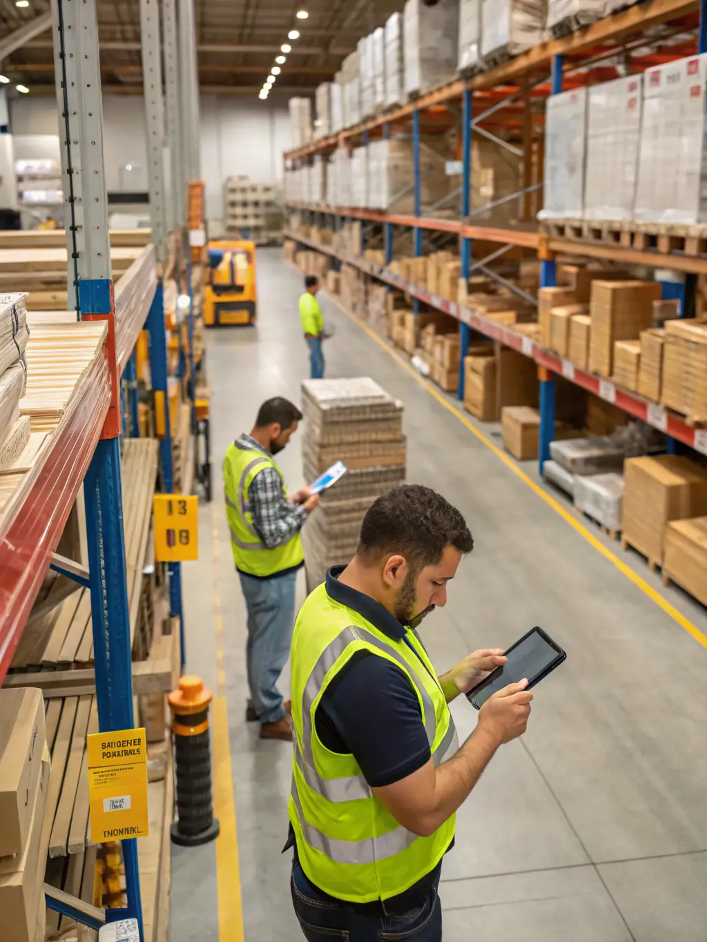 A well-organized warehouse filled with timber, building materials, and sanitary equipment, representing KRUK PROFESSIONAL's wholesale supply services.