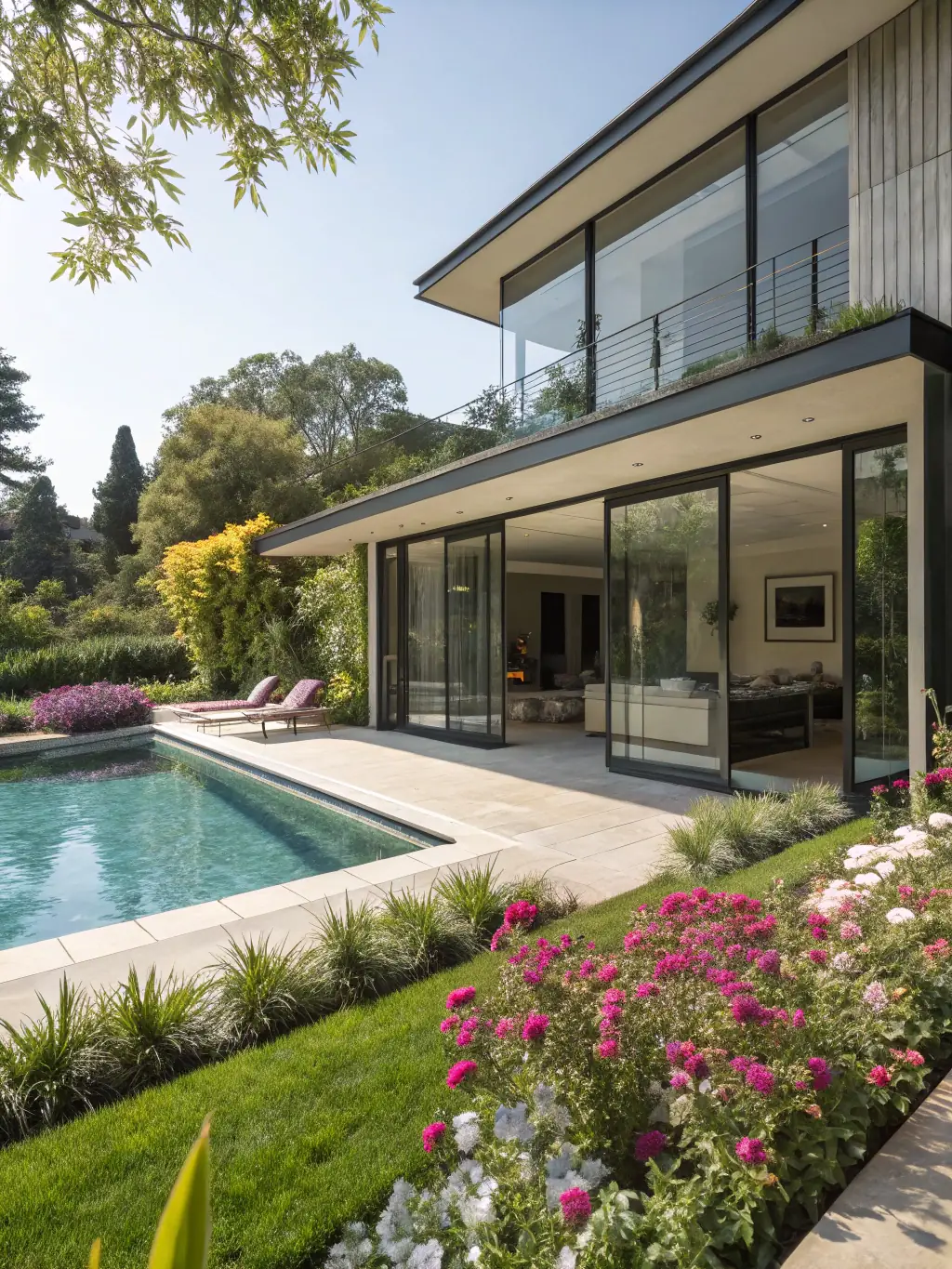A spacious family house with a large garden and a swimming pool, emphasizing the property's suitability for families and outdoor living.