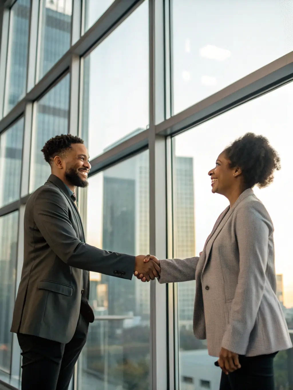 A person shaking hands with another person in front of a building plan, representing KRUK PROFESSIONAL's consulting services.