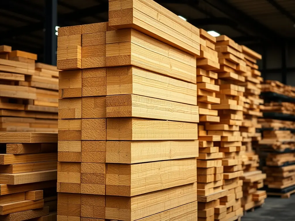 A high-resolution image showcasing a variety of timber products, neatly stacked and ready for construction use. The timber should appear to be of high quality, with visible wood grain and a warm, natural color.